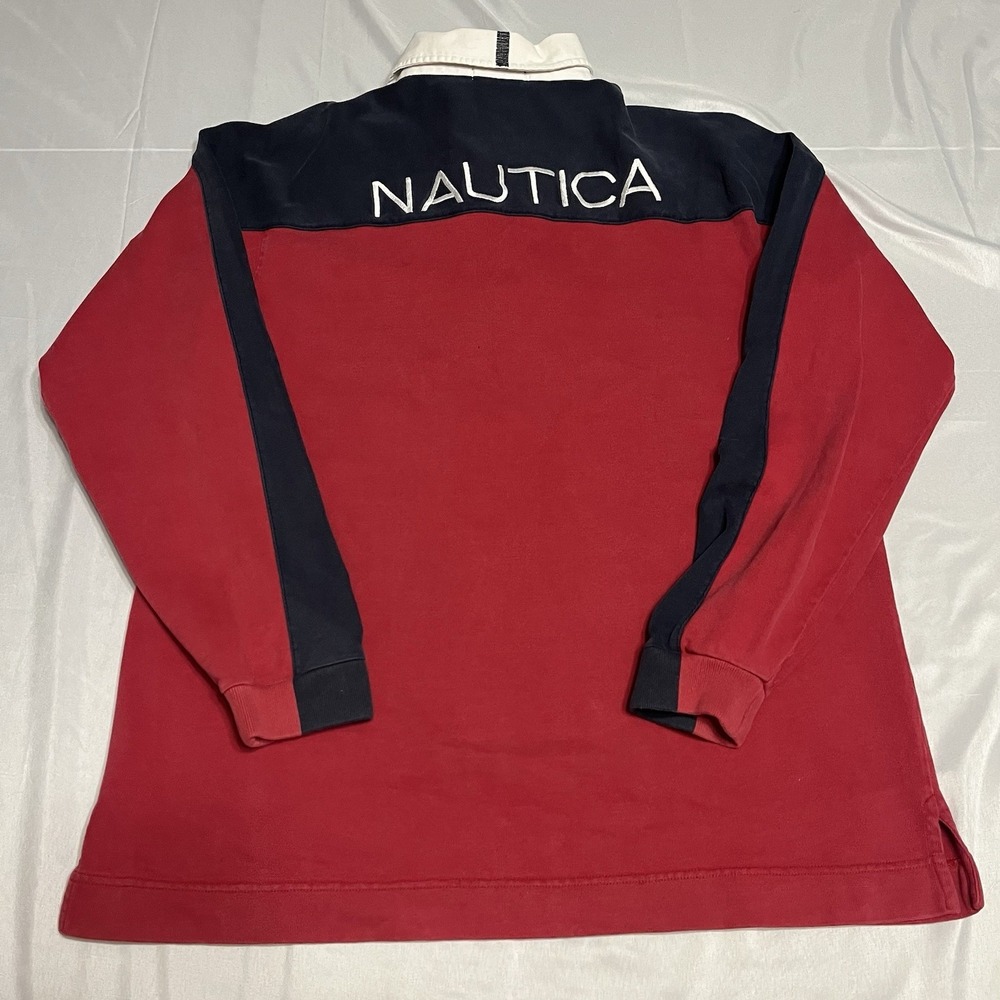 Nautica‎ Rugby Shirt Mens Large Long Sleeve Preppy Y2K Embroidered Spell Out